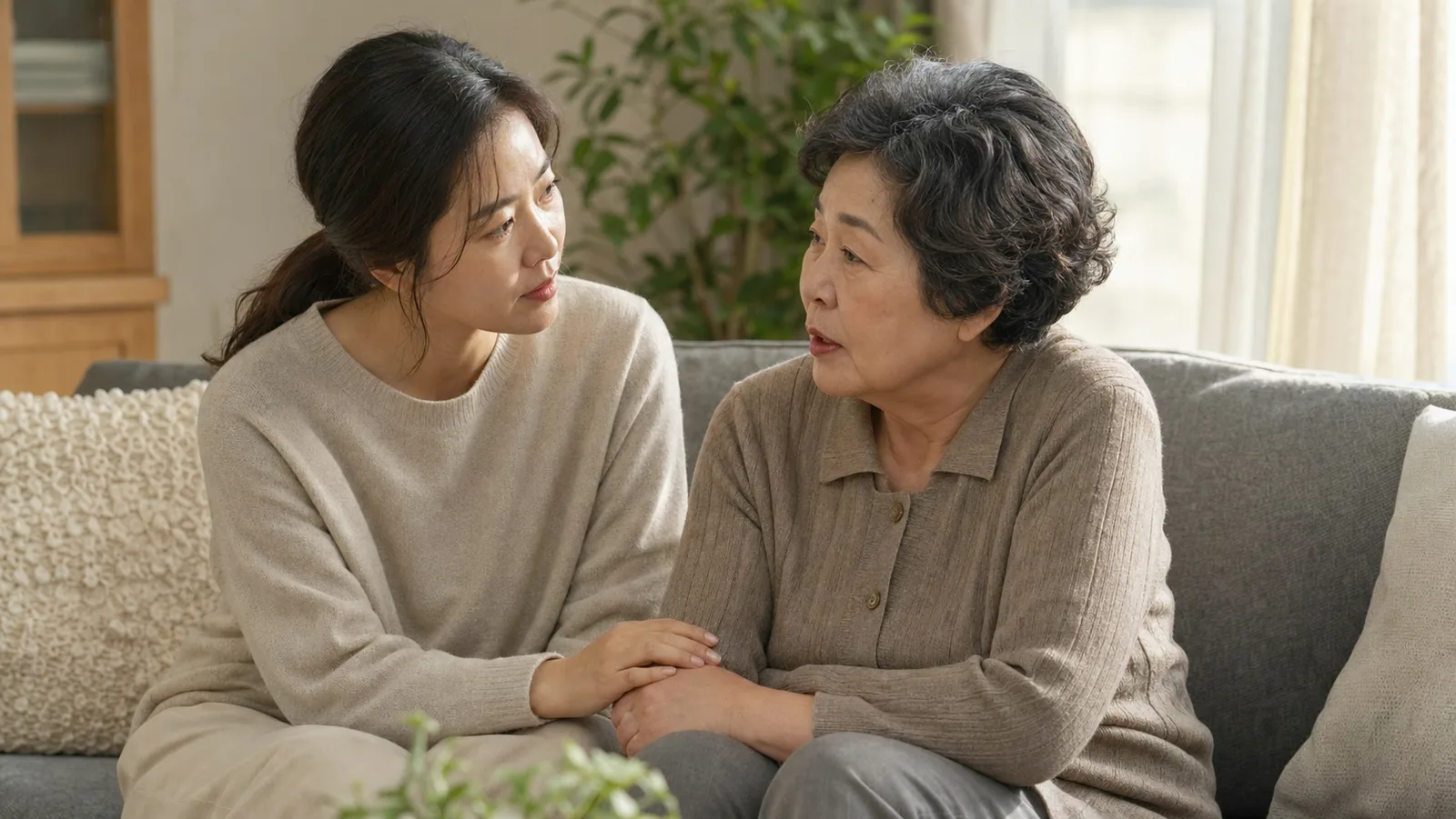 진료 전에 부모님 이야기를 함께 듣고 정리하는 가족 장면