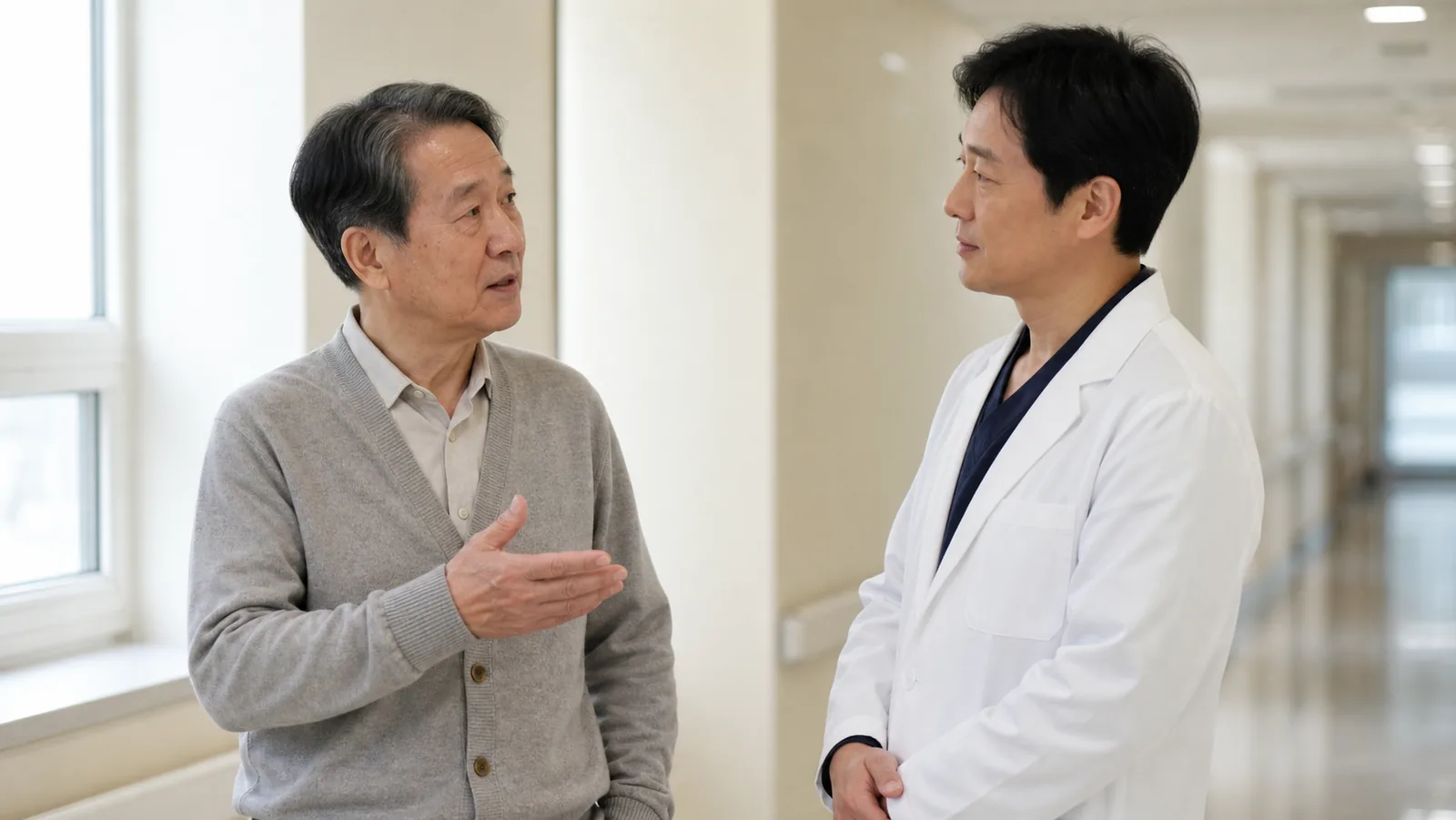 복도에서 판단의 이유를 되묻는 짧은 대화 장면