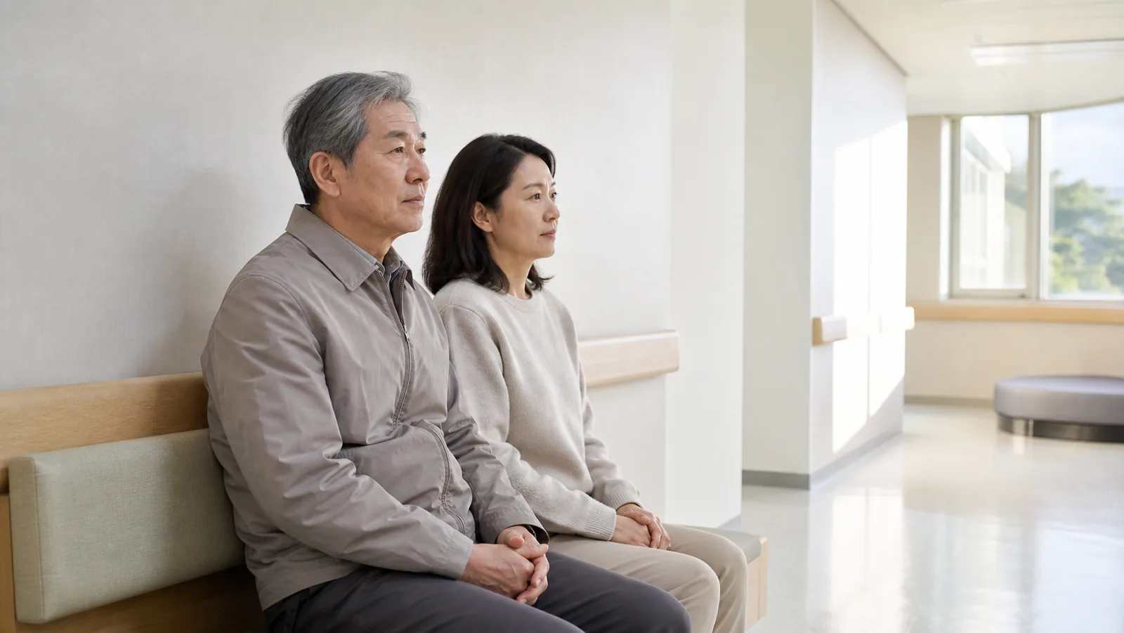 상담을 기다리며 보호자와 나란히 앉아 있는 장면