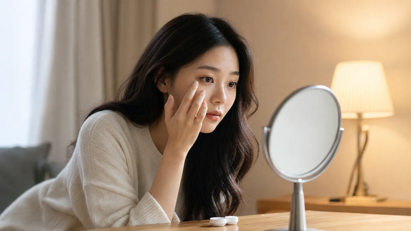 거울 앞에서 렌즈를 끼기 전 눈 상태를 살펴보는 모습