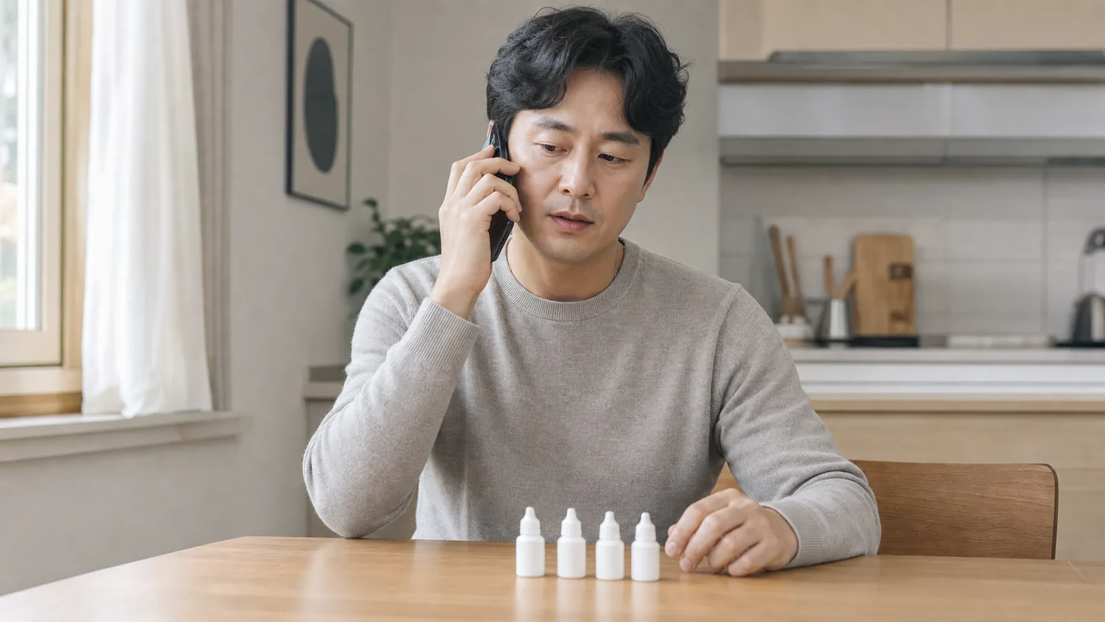 집에서 점안병을 앞에 두고 사용 방법을 전화로 확인하는 모습