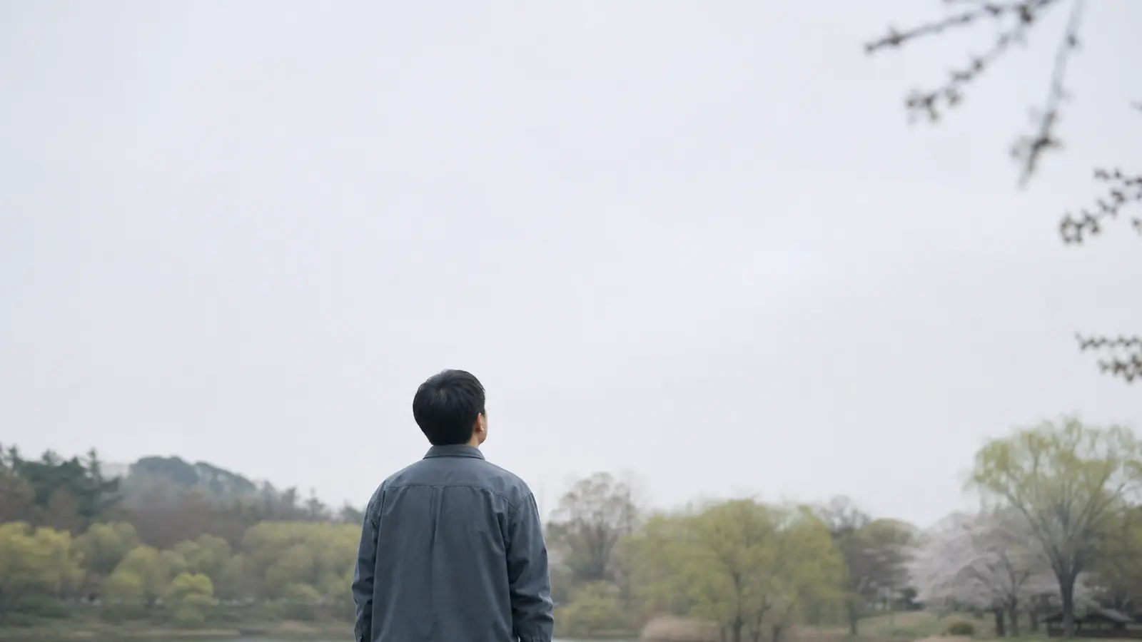 봄빛 나무가 둘러싼 호숫가에 서서 흐린 하늘을 올려다보는 한 사람의 뒷모습