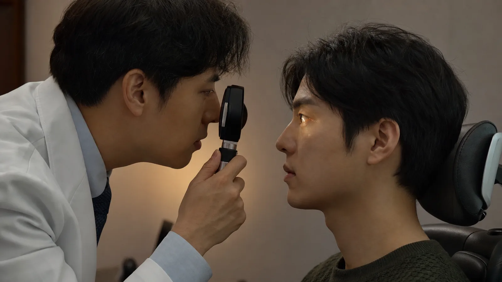 진료실에서 검안 기구로 눈 안쪽을 직접 확인하는 장면