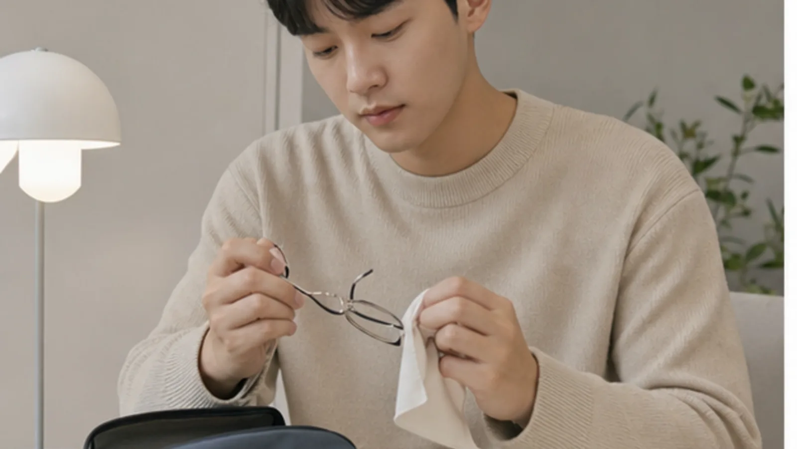 방문 전에 안경과 준비물을 챙기는 모습