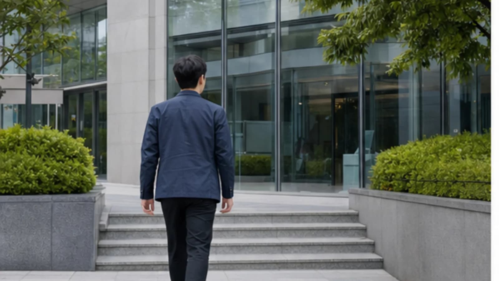 건물 입구 계단을 올라 병원으로 들어서는 방문자의 뒷모습