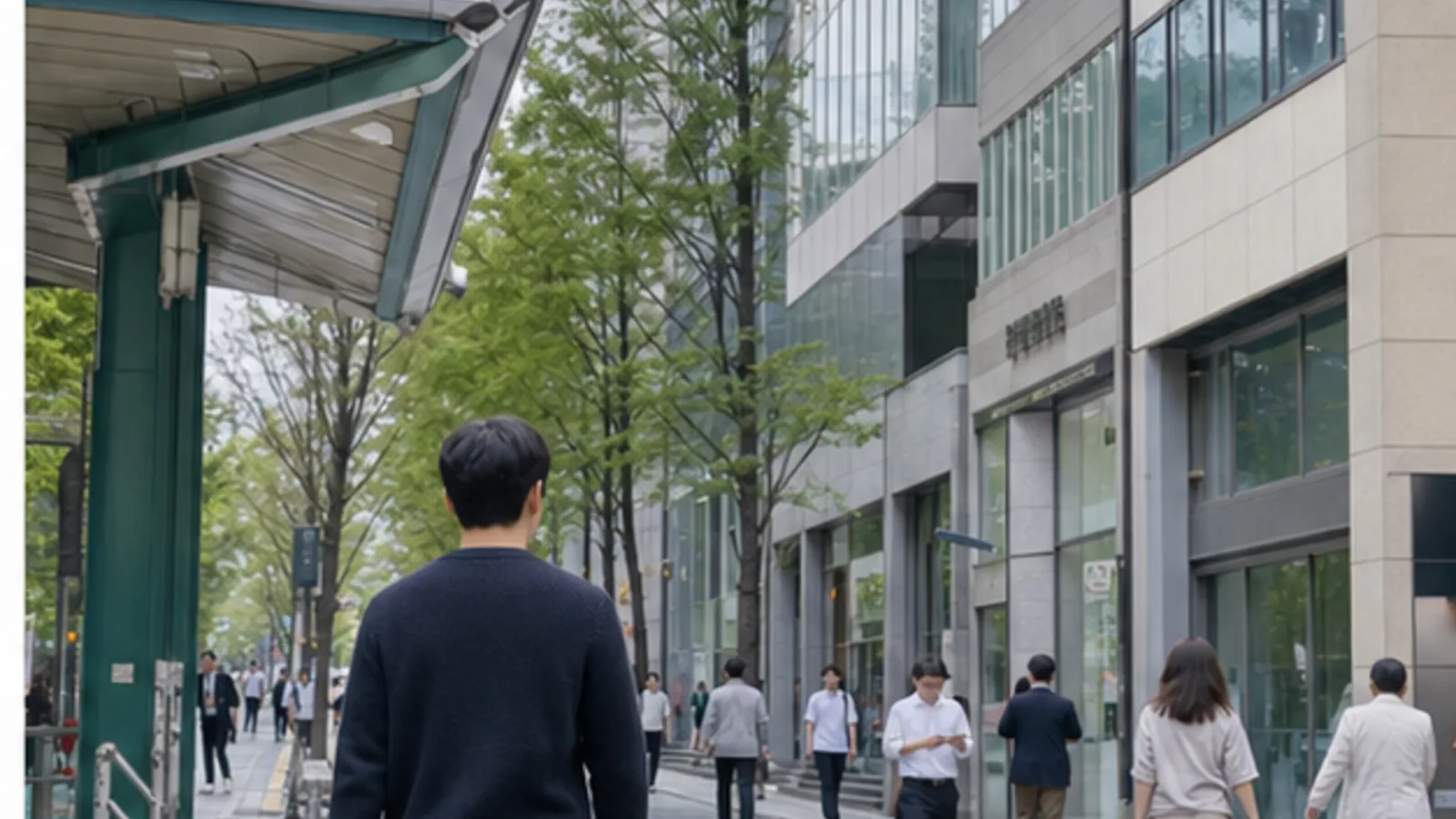 강남 도심에서 병원 방문 동선을 확인하며 걷는 모습 — 강남 스마일라식 방문 준비 안내