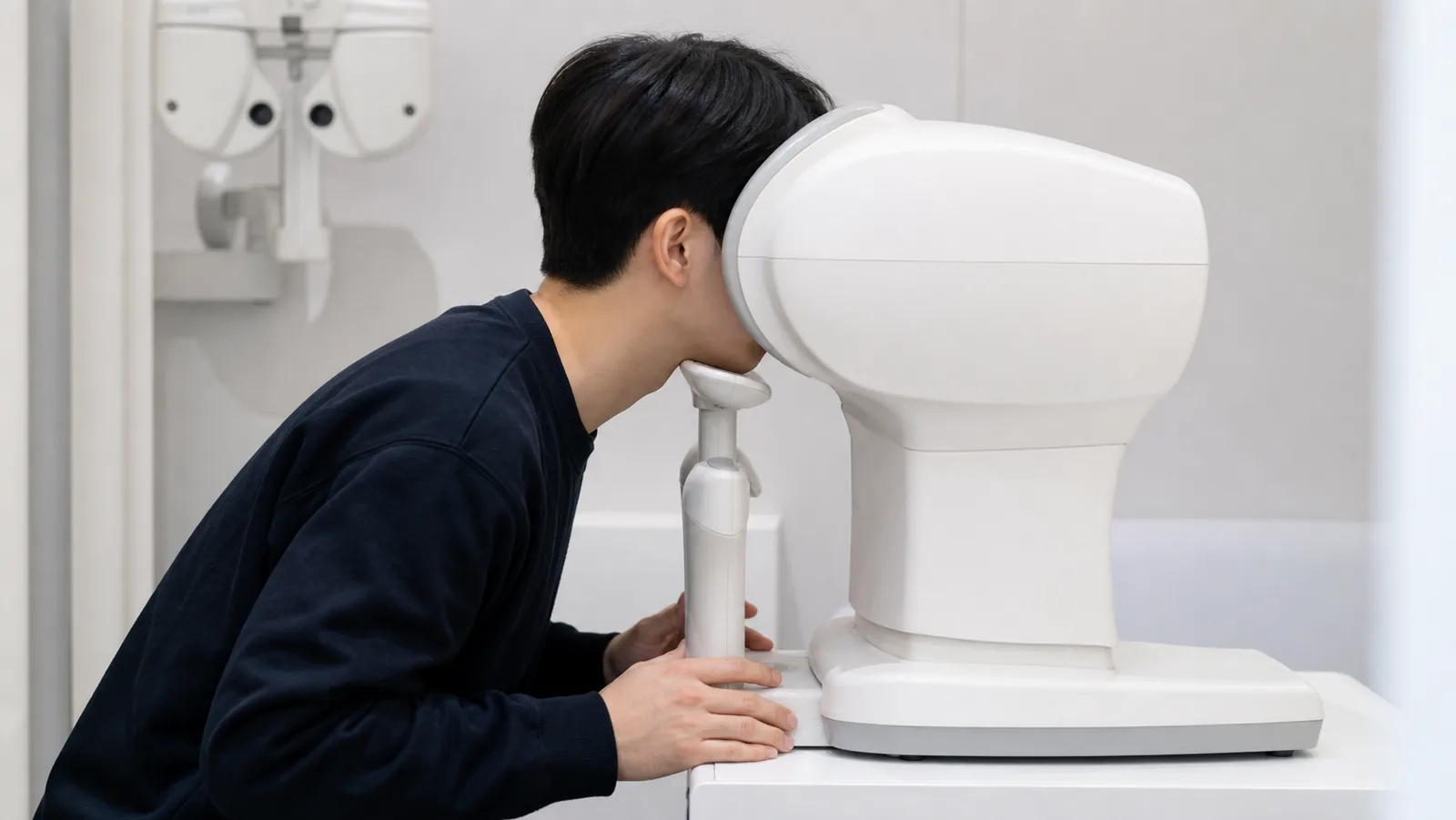 검사를 받기 위해 장비 앞에 자세를 잡는 순간