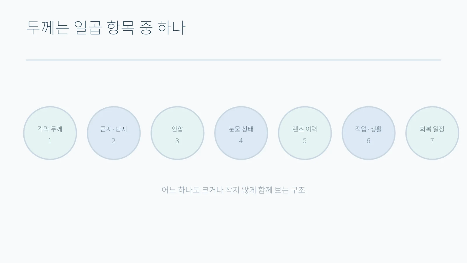 크기가 같은 일곱 개의 원에 각막 두께·근시 난시·안압·눈물 상태·렌즈 이력·직업 생활·회복 일정을 나란히 적은 도형