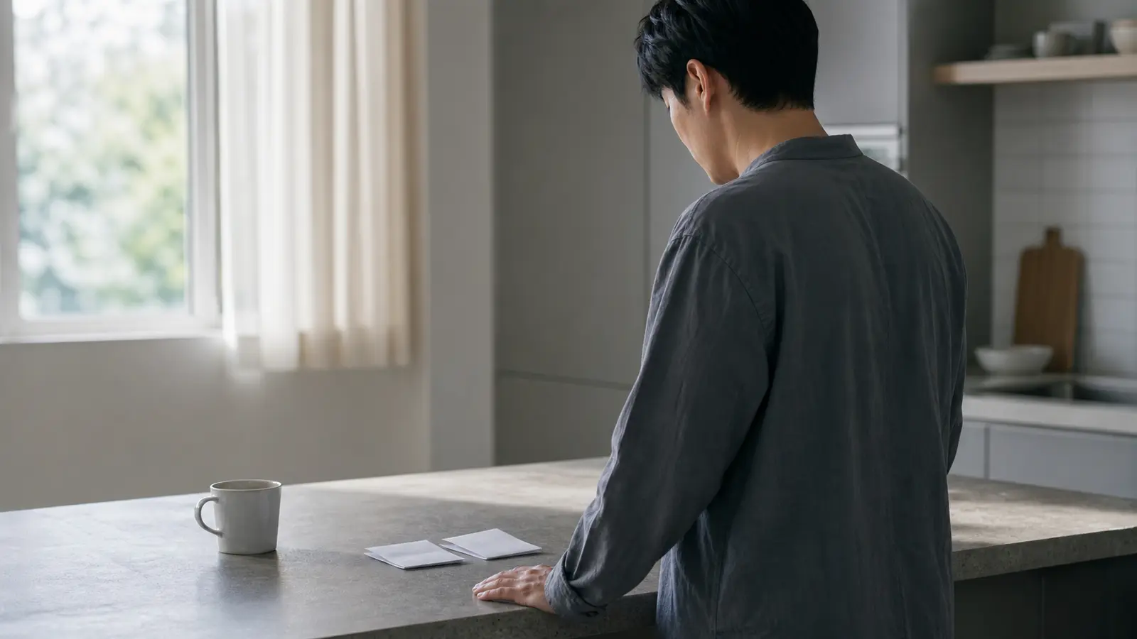 부엌 조리대 위에 접힌 종이 두 장을 나란히 놓고 내려다보는 사람의 모습