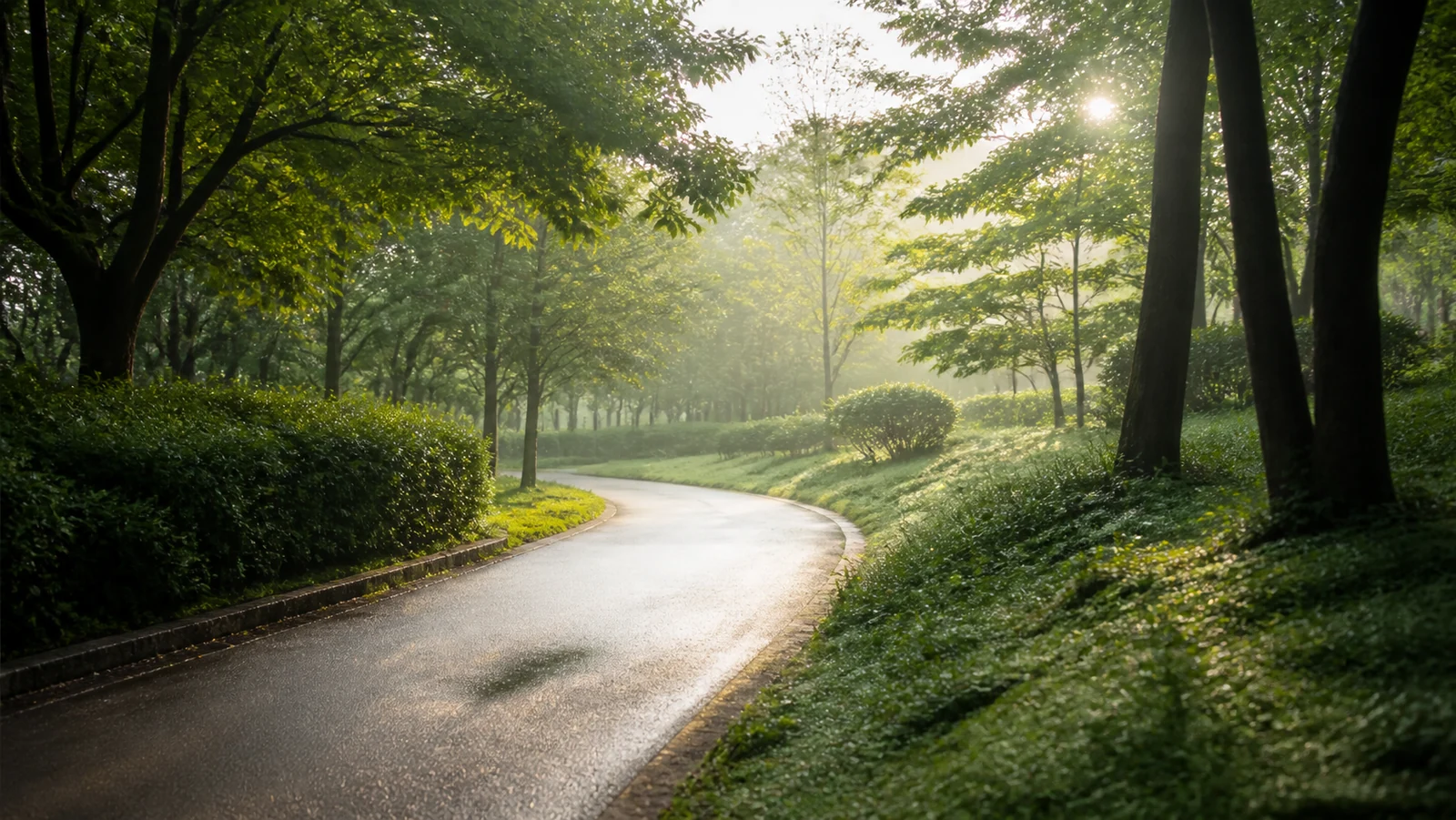 이른 아침 나무 사이로 빛이 드는 공원 산책로: 사람이 거의 없는 시간