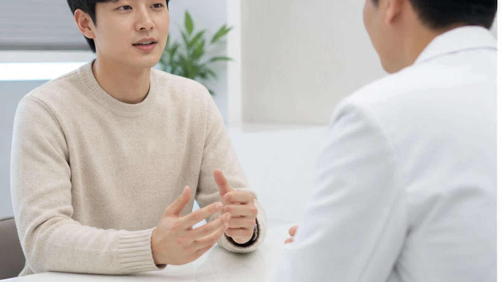 밝은 상담실 책상에서 흰 가운을 입은 의료진과 마주 앉아 손짓하며 이야기하는 사람의 모습
