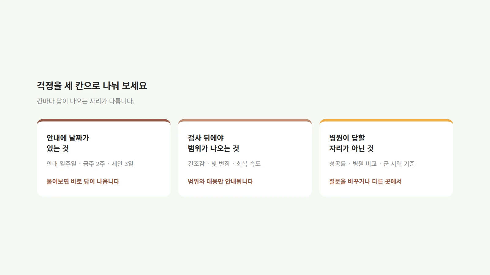 안내에 날짜가 있는 것·검사 뒤에야 범위가 나오는 것·병원이 답할 자리가 아닌 것 세 카드로 나눈 분류 도형