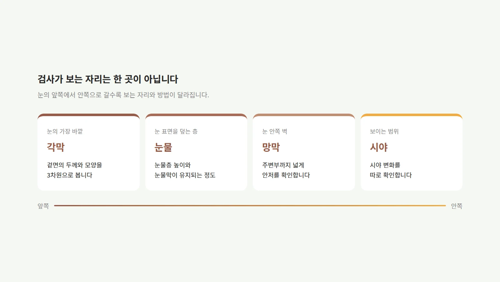 각막·눈물·망막·시야 네 자리를 카드로 늘어놓고 아래에 앞쪽에서 안쪽으로 이어지는 축을 그린 도형