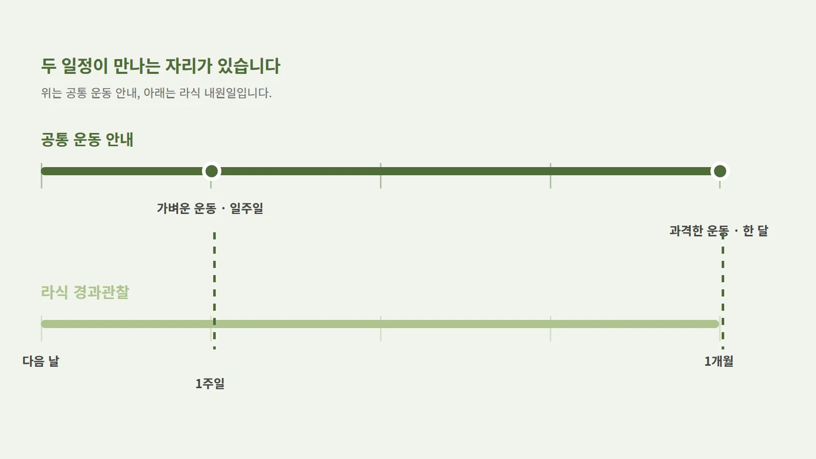 공통 운동 안내 두 시점을 위쪽 가로선에, 라식 경과관찰 네 지점을 아래쪽 가로선에 표시해 만나는 자리를 세로선으로 이은 도형
