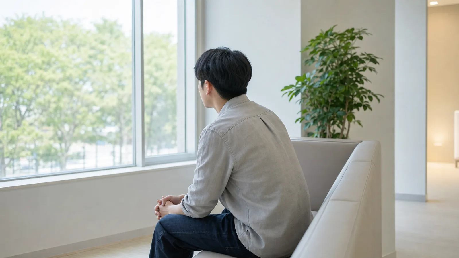 검사 결과를 기다리며 대기 공간 창가에 앉아 있는 모습