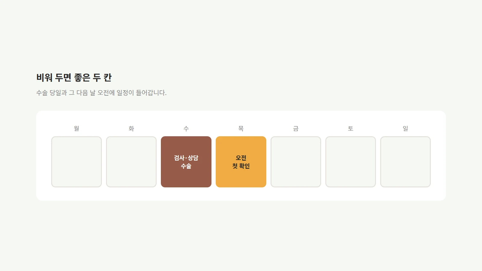 월요일부터 일요일까지 일곱 칸 가운데 수요일과 목요일 두 칸만 색으로 채운 주간 달력 도형
