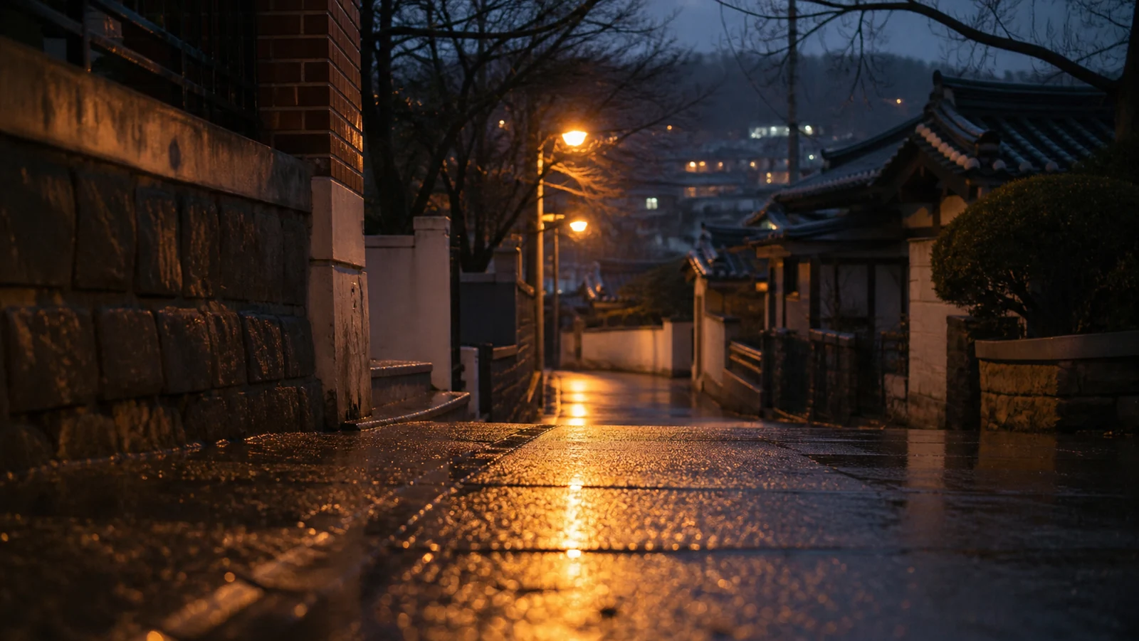 비 온 뒤 저녁, 한옥 담장이 이어진 골목의 젖은 보도에 가로등 불빛이 길게 번진 모습