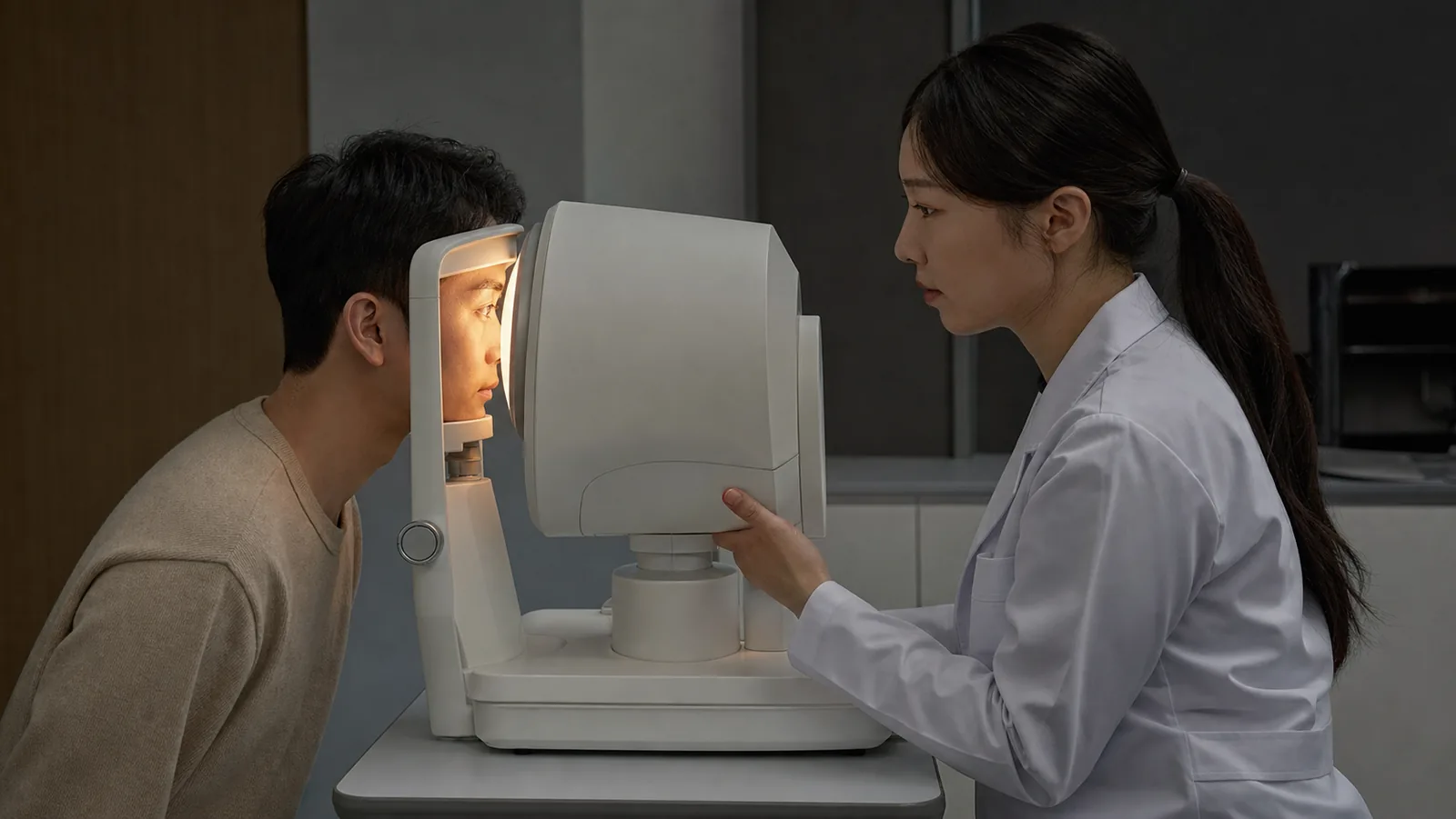 각막 형태를 재는 검사 장비 앞에서 난시 상태를 확인하는 장면