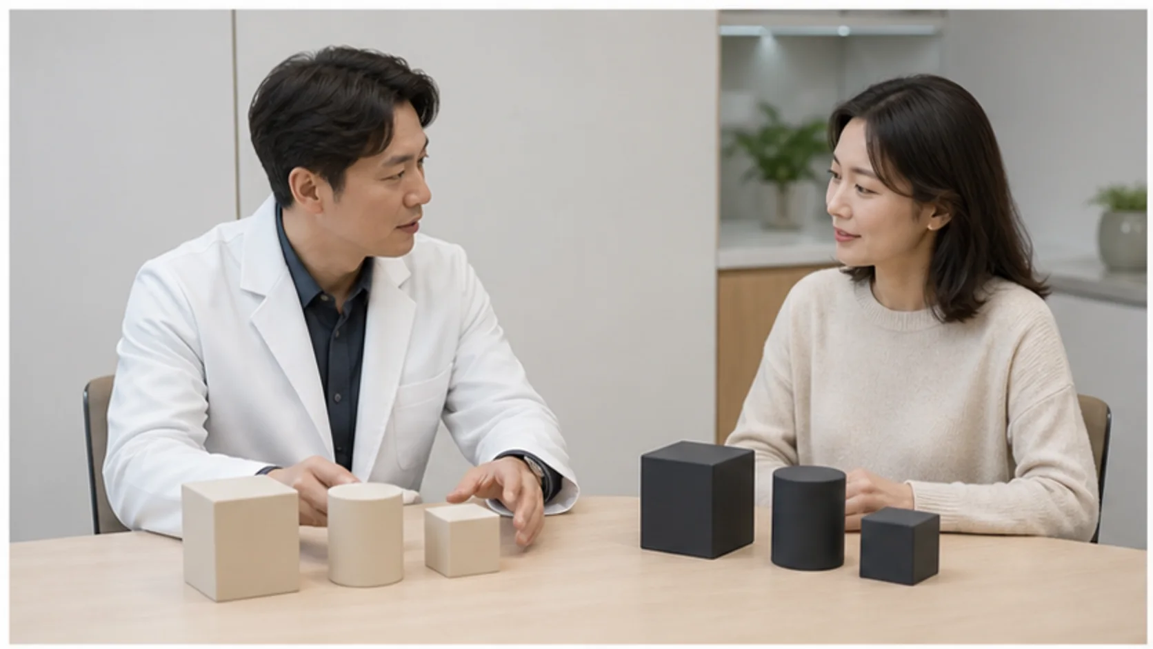 진료실에서 각막 보존과 중앙 홀, 렌즈 제거 가능성의 의미를 상담하는 내원자: 렌즈삽입술장점 안내
