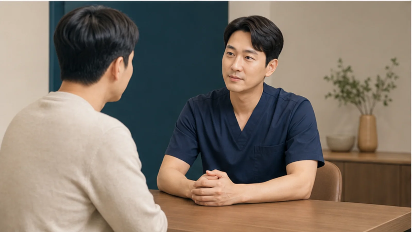 렌즈삽입술 고유 검사와 방식 차이를 질문하는 내원자와 의료진