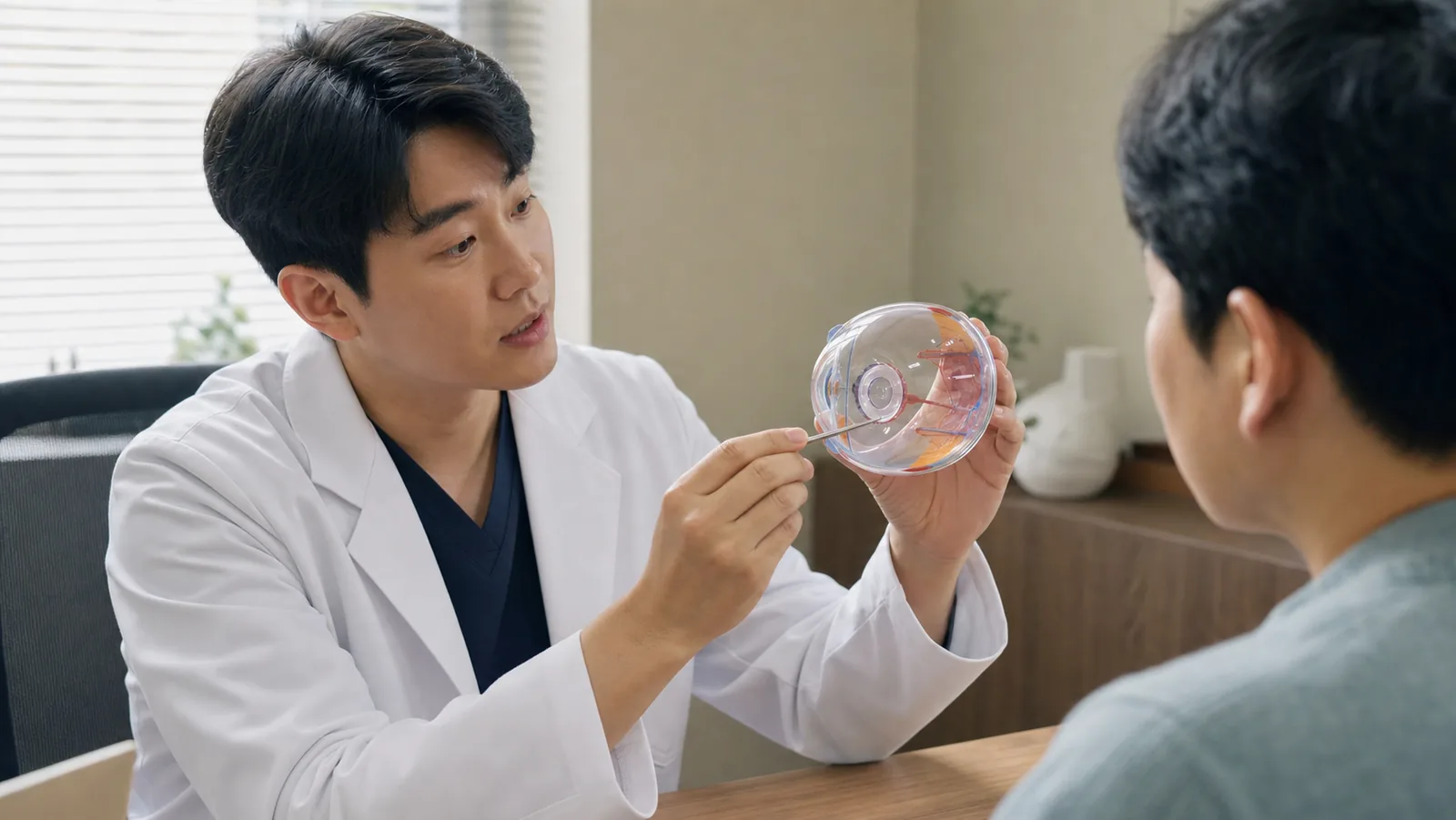 눈 모형으로 렌즈가 놓이는 자리와 절차를 설명받는 상담 장면