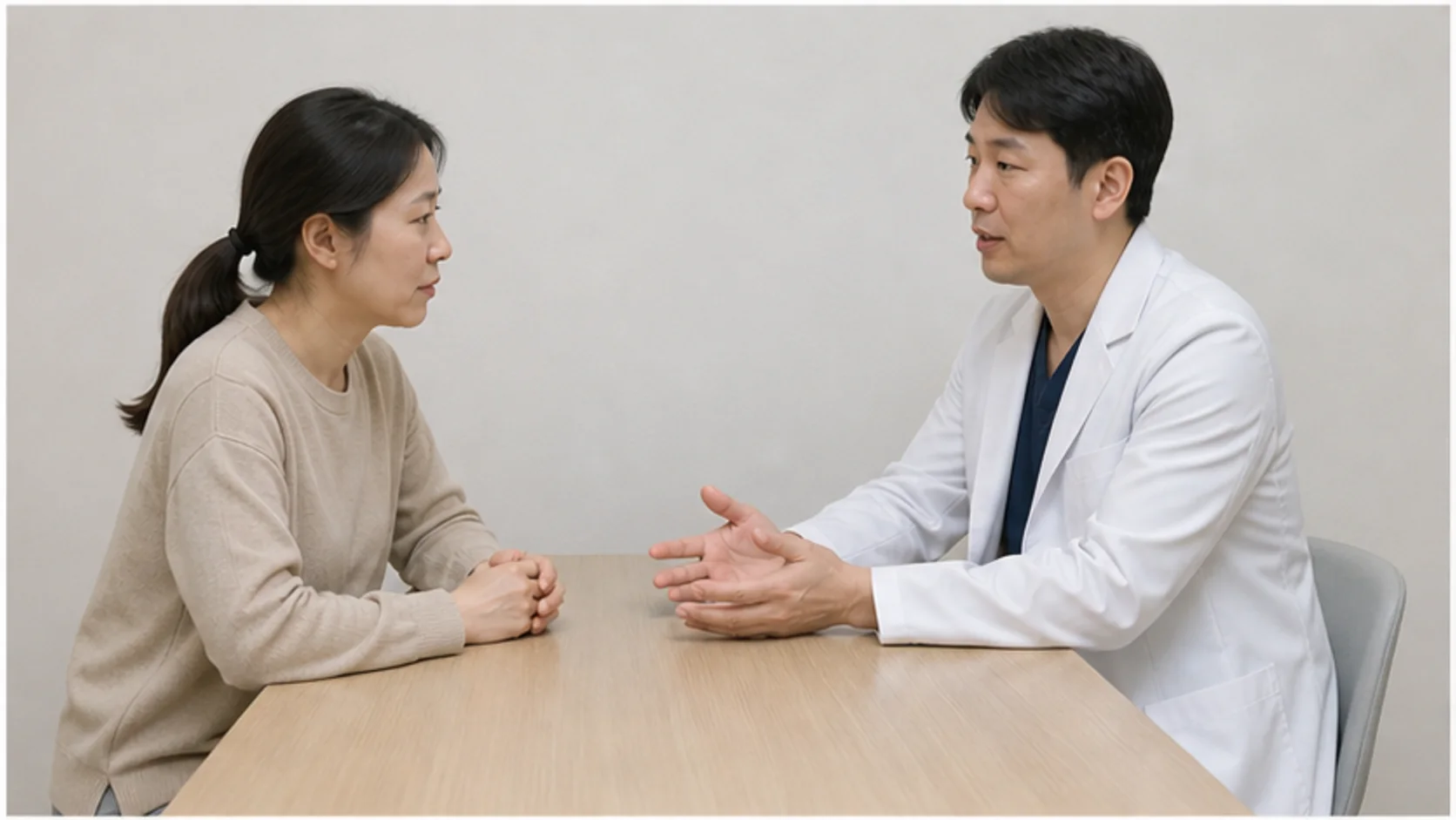 진료실에서 렌즈삽입술 비용의 검사·렌즈·사후관리 범위를 상담하는 내원자
