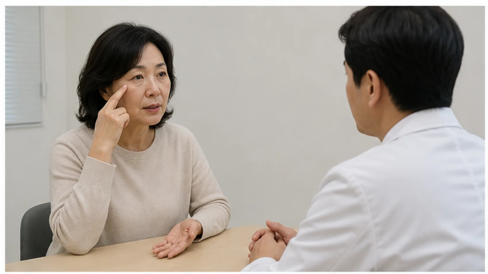 렌즈삽입술 뒤 눈의 불편감을 의료진에게 설명하는 내원자