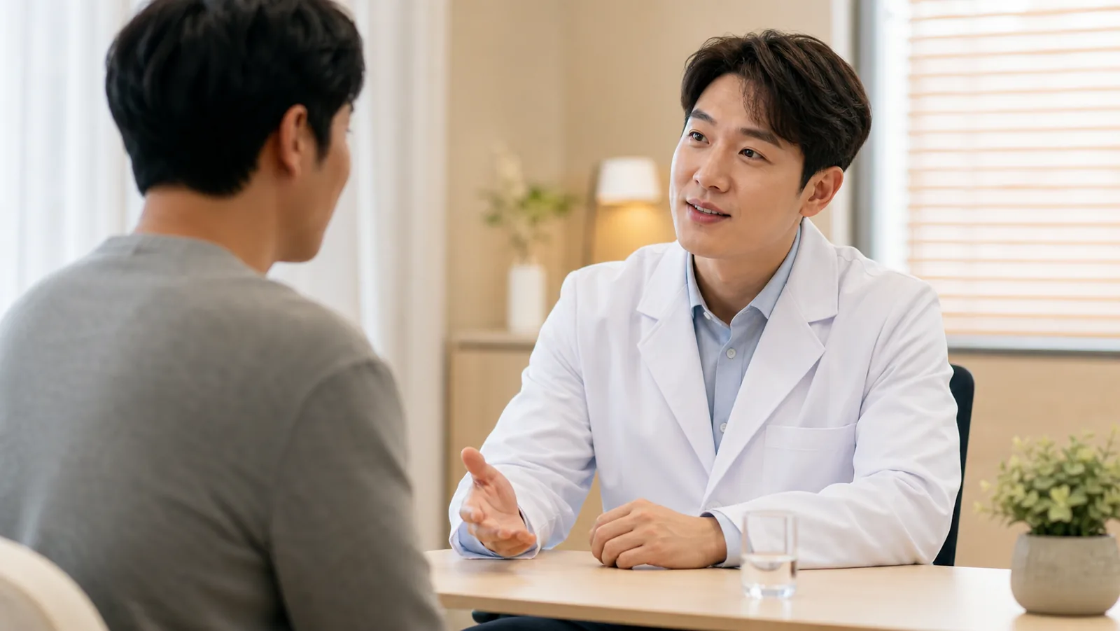 진료실에서 어떤 변화를 어떻게 알릴지 안내받는 상담 장면
