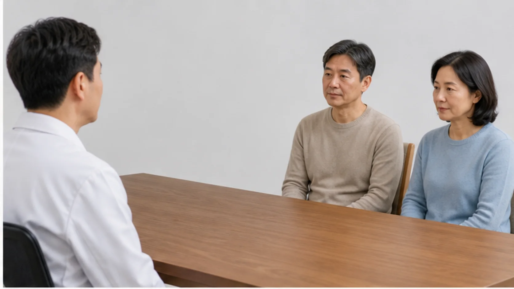 진료실에서 렌즈삽입술 후 경과와 생활 복귀 계획을 상담하는 부부: 렌즈삽입술회복 안내