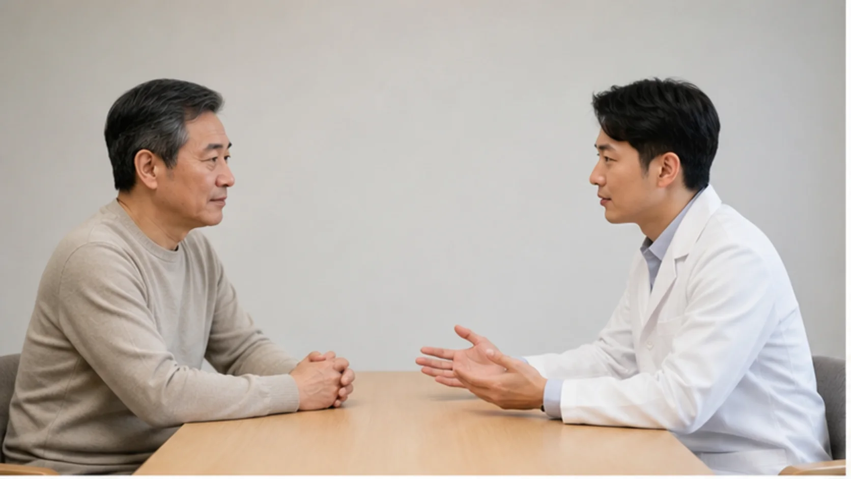 진료실에서 렌즈삽입술 위험과 수술 후 문의 기준을 상담하는 내원자: 렌즈삽입술부작용 안내