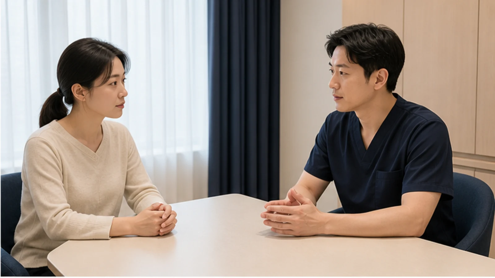 창가 진료실 테이블에서 수술복 차림 의료진과 마주 앉아 설명을 듣는 사람의 모습