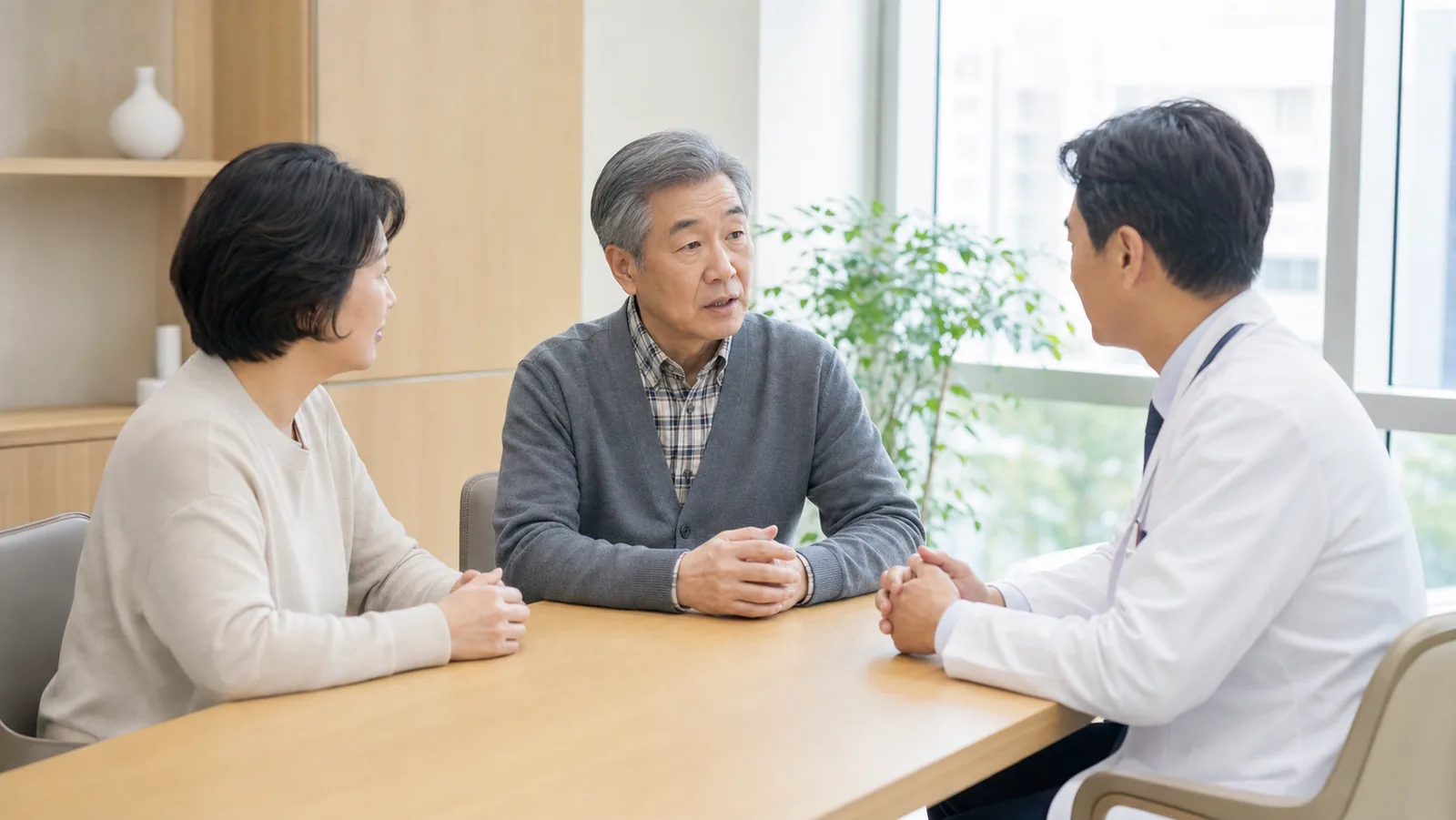 가족과 함께 앉아 렌즈 선택을 상담하는 장면