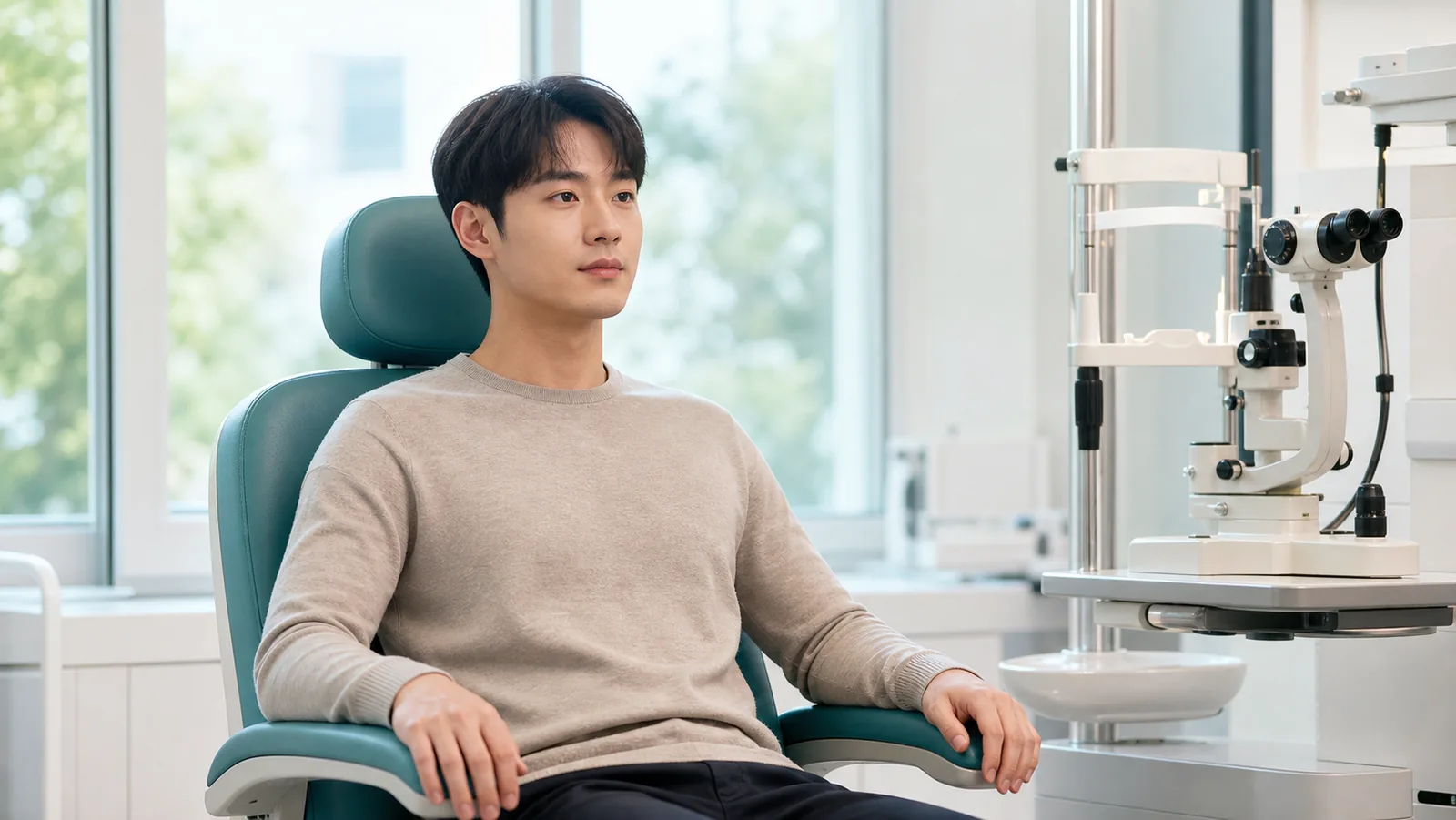 검사 의자에 앉아 다음 검사를 기다리는 장면