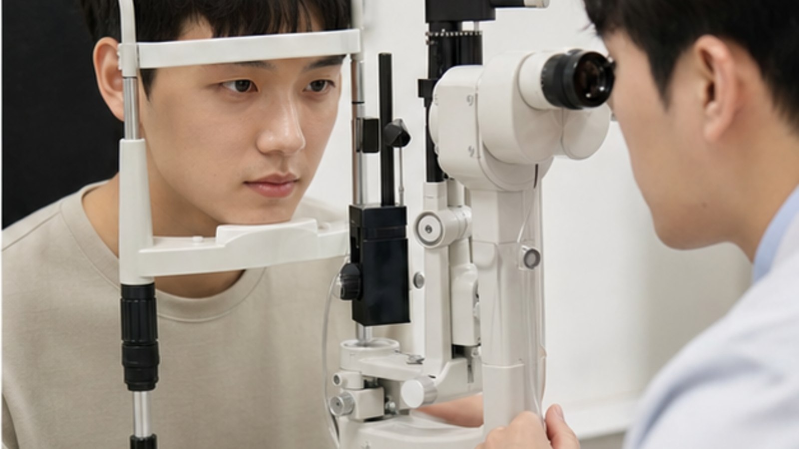 검사 장비 앞에서 눈 상태를 확인받는 20대 내원자