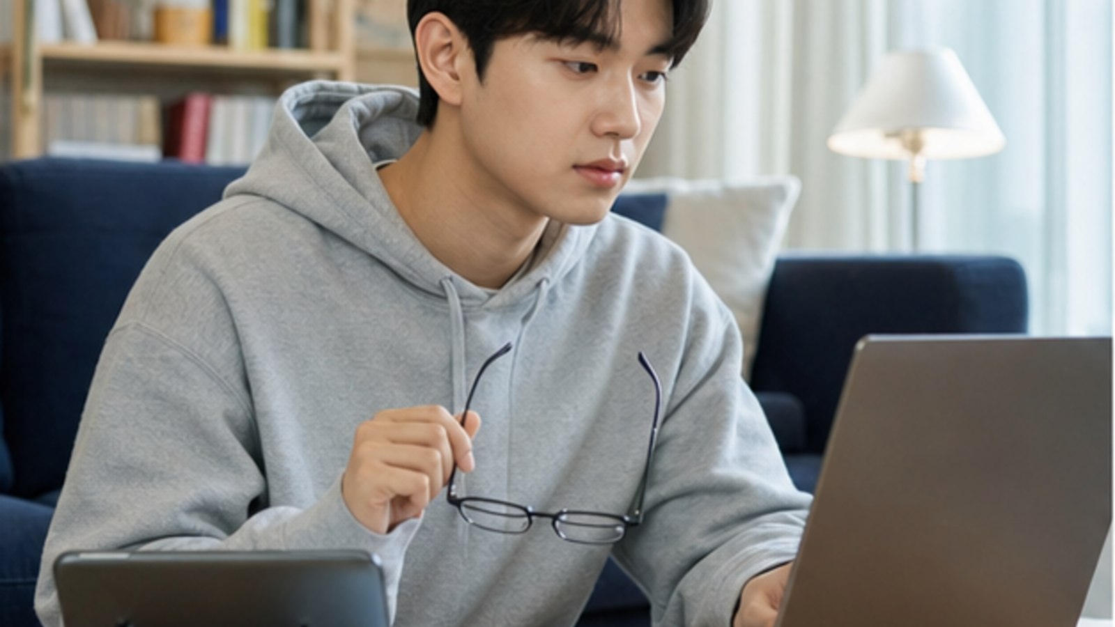 집에서 노트북으로 일정을 확인하며 안경을 벗어 든 사람 — 스마일라식 20대 일정 상담 안내