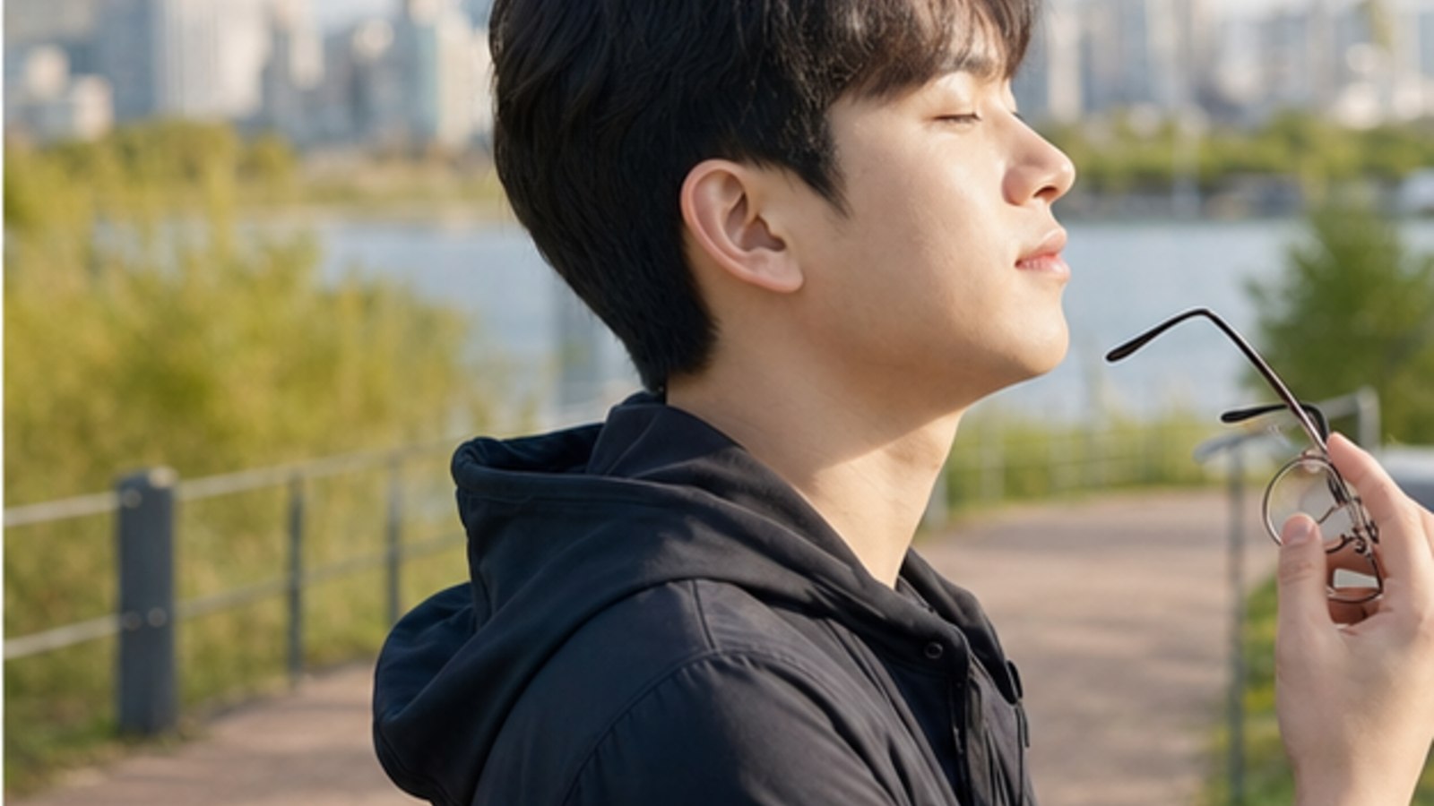 야외에서 안경을 벗어 들고 있는 20대