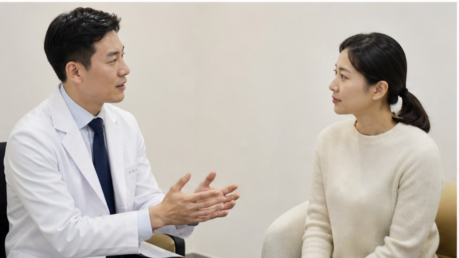 진료실에서 의료진과 업무 일정을 상의하는 내원자