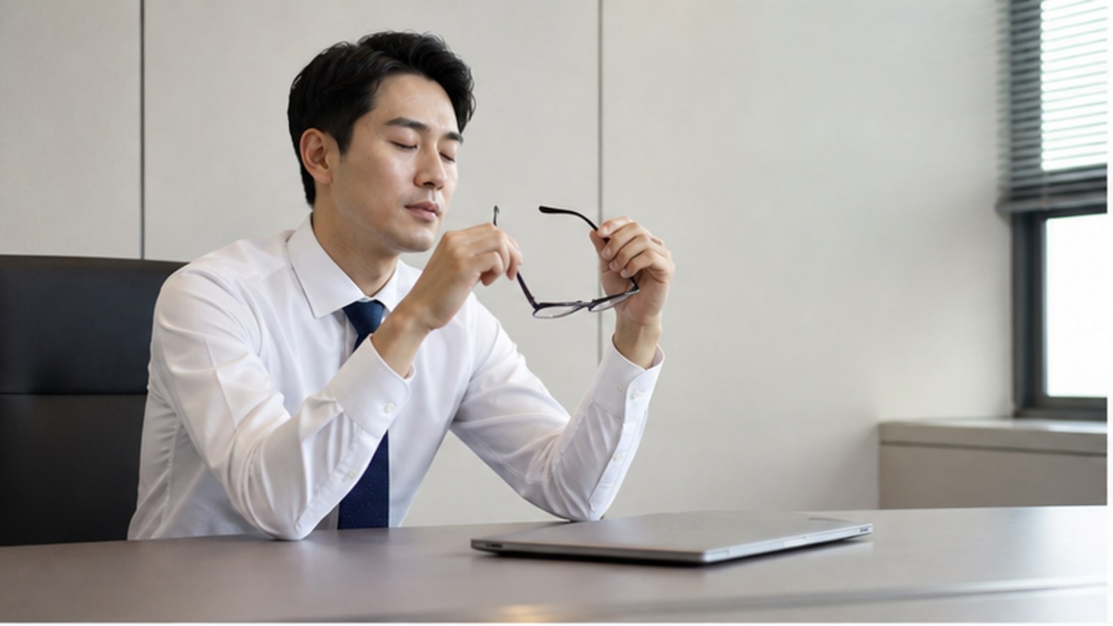 사무실에서 안경을 벗고 눈을 쉬는 직장인 — 스마일라식 30대 업무 복귀 상담 안내
