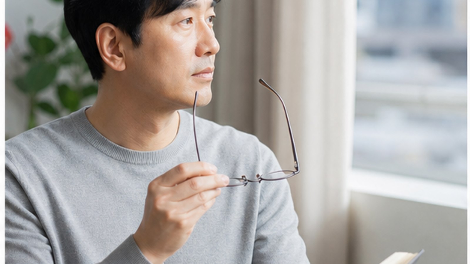 창가에서 안경을 벗고 먼 곳을 바라보는 사람 — 스마일라식 40대 거리별 확인 안내
