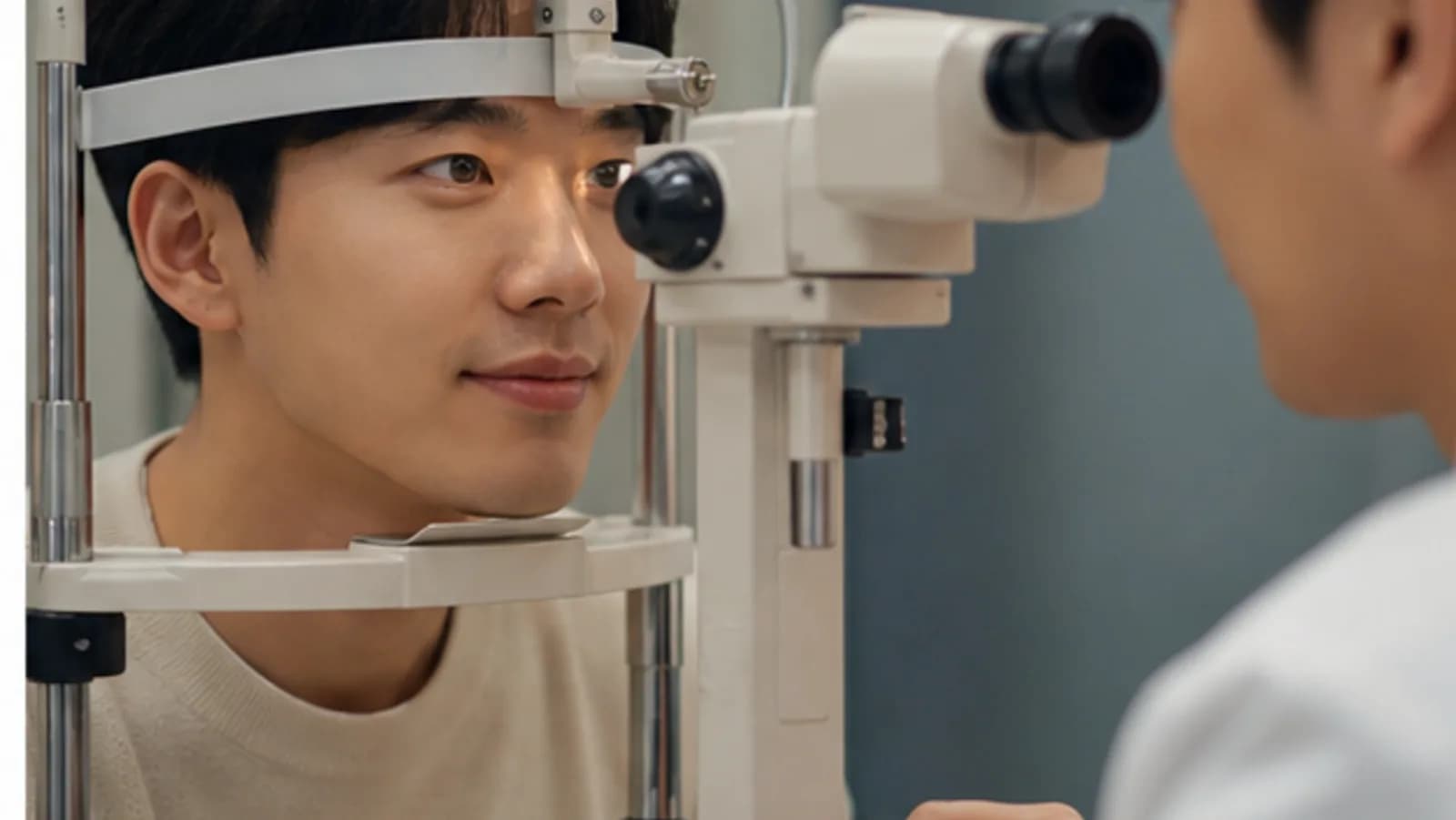 검사 장비 앞에서 의료진이 눈 상태를 살펴보는 모습