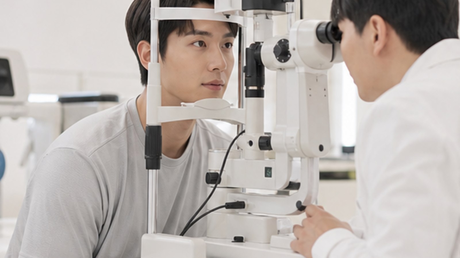 검사 장비 앞에서 눈 상태를 확인받는 운동선수