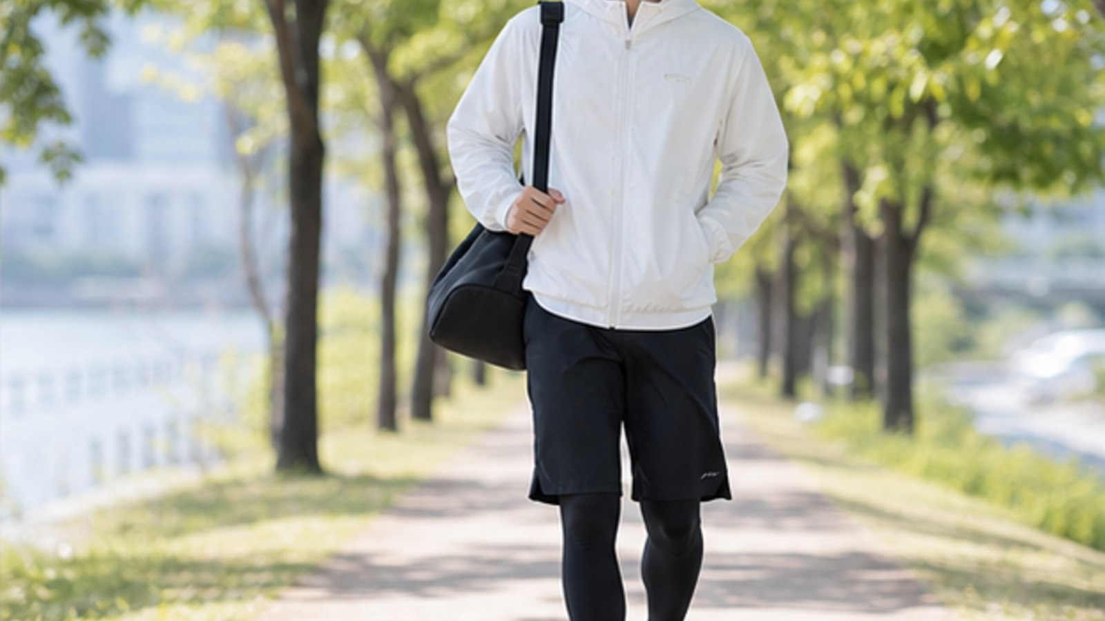 야외에서 훈련 가방을 메고 이동하는 사람