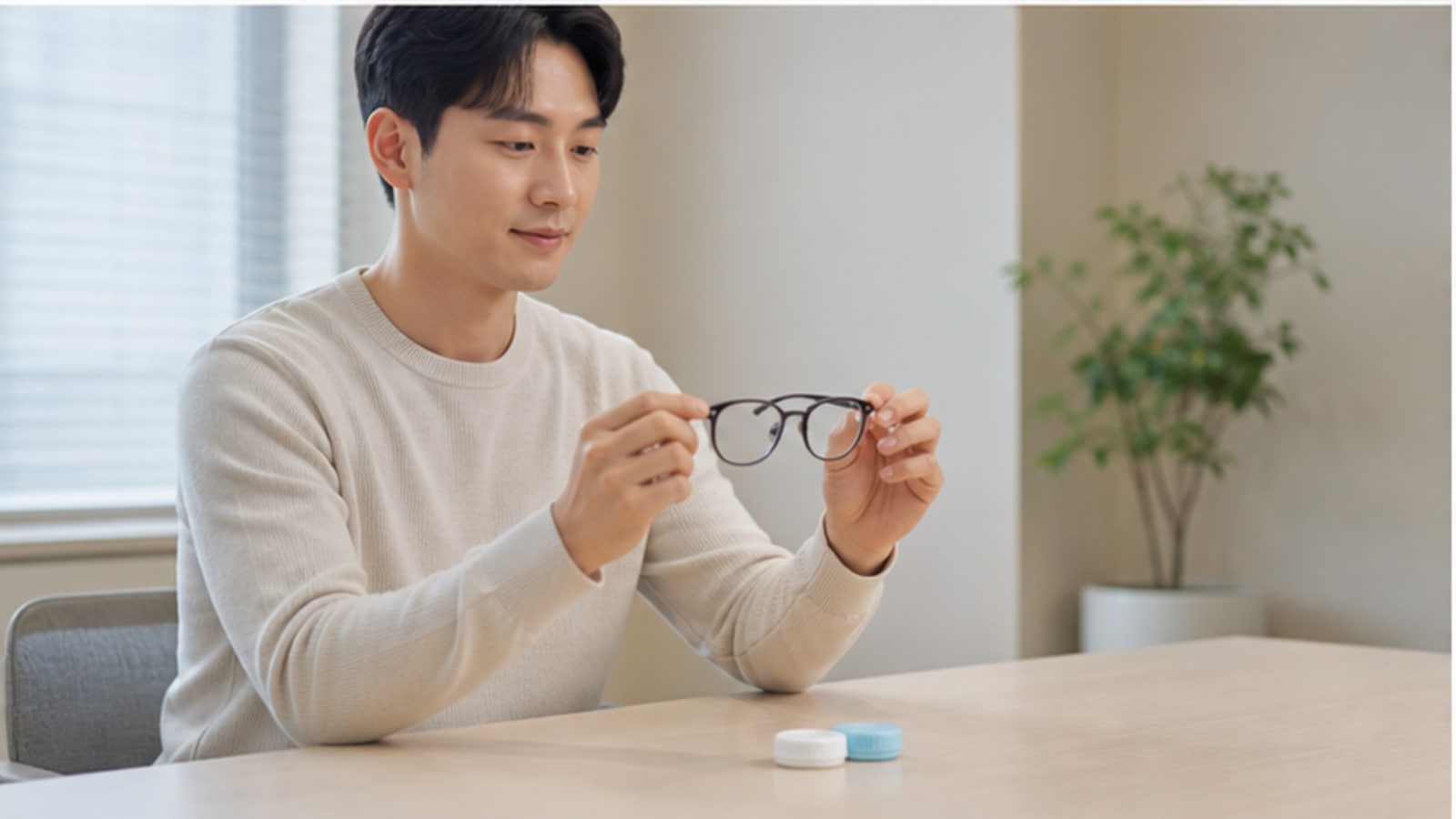 안경을 들고 상담 내용을 확인하는 내원자