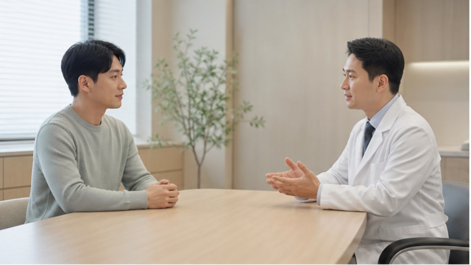 상담실에서 의료진과 대화하는 내원자: 스마일라식 병원 선정 기준 답변 근거 기록