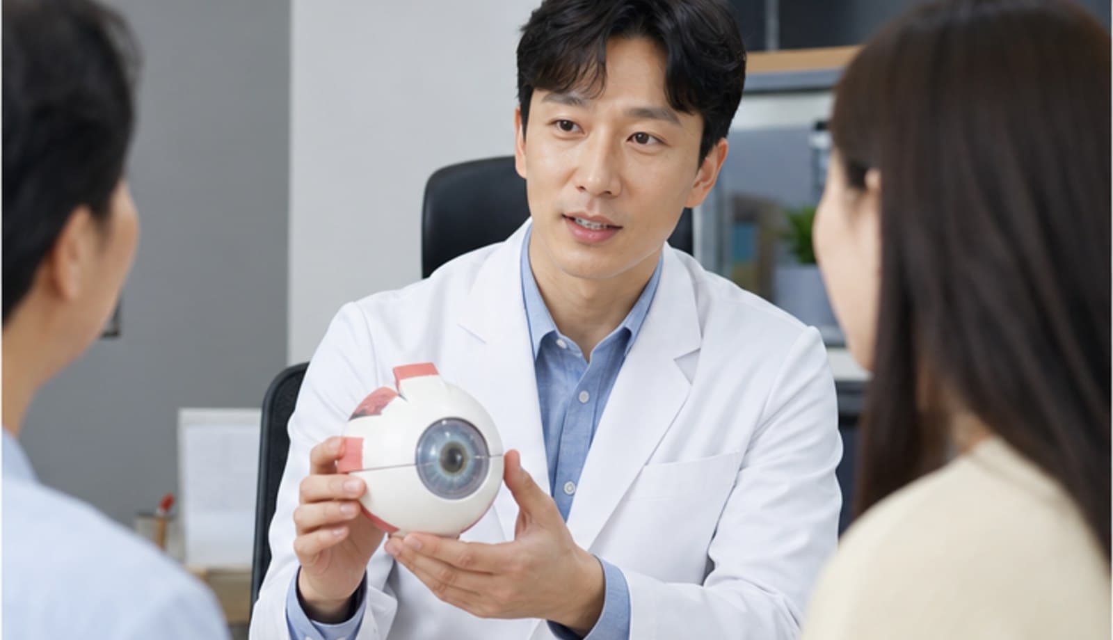 안과 상담실에서 의료진이 안구 모형을 들고 두 내원자에게 눈 구조를 설명하는 모습