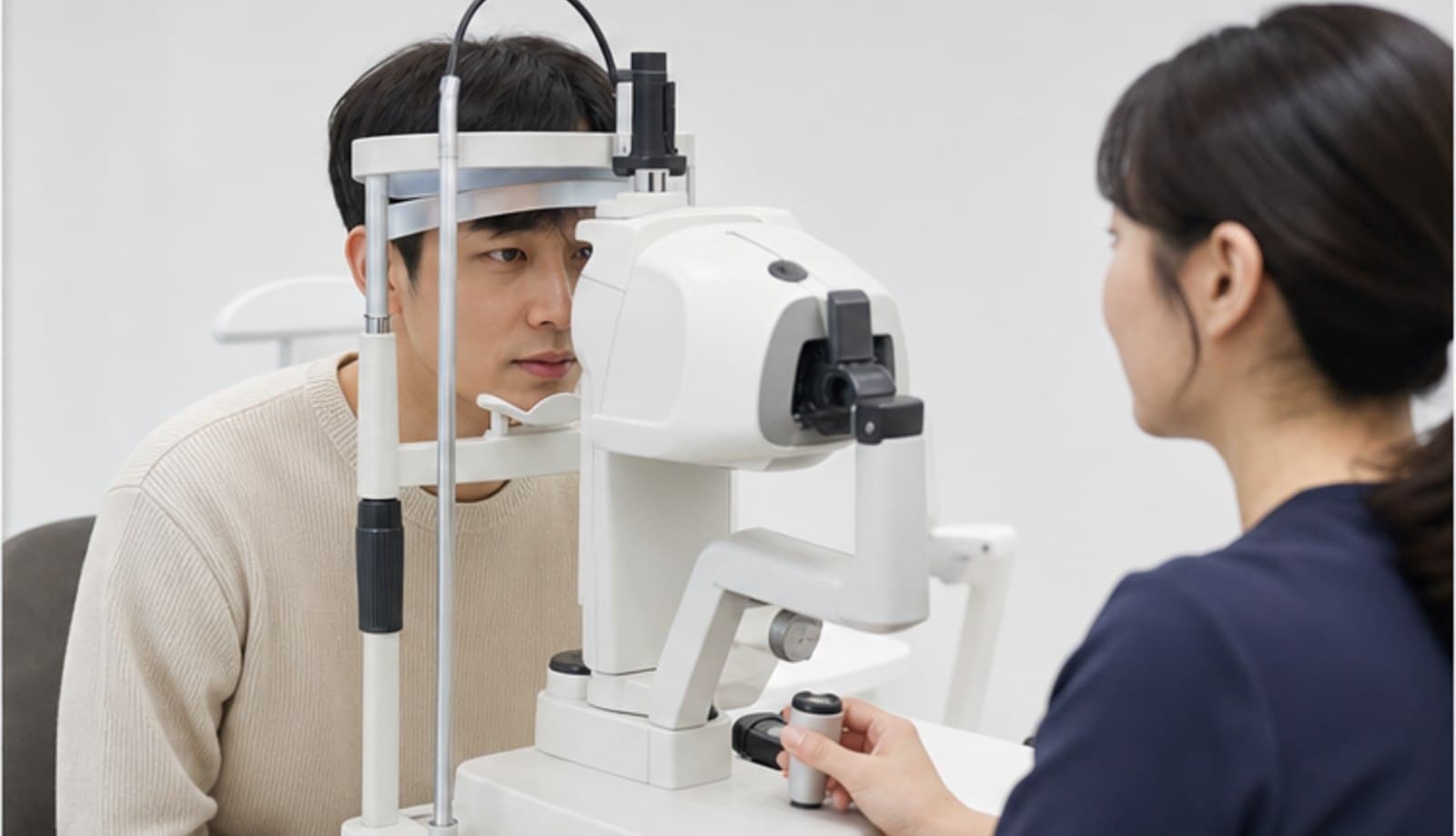 안과 검사실에서 의료진이 세극등 현미경으로 내원자의 눈 상태를 확인하는 모습