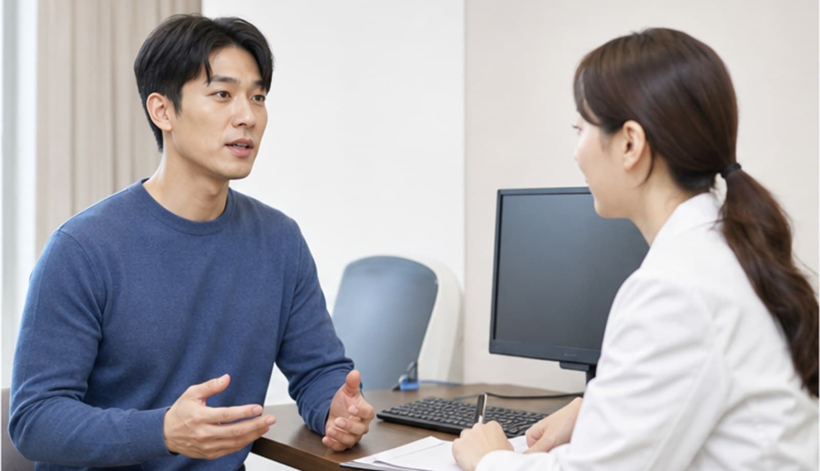 안과 진료실에서 의료진이 내원자와 마주 앉아 기록하며 상담하는 모습 — 스마일라식 상담 과정 4단계 안내