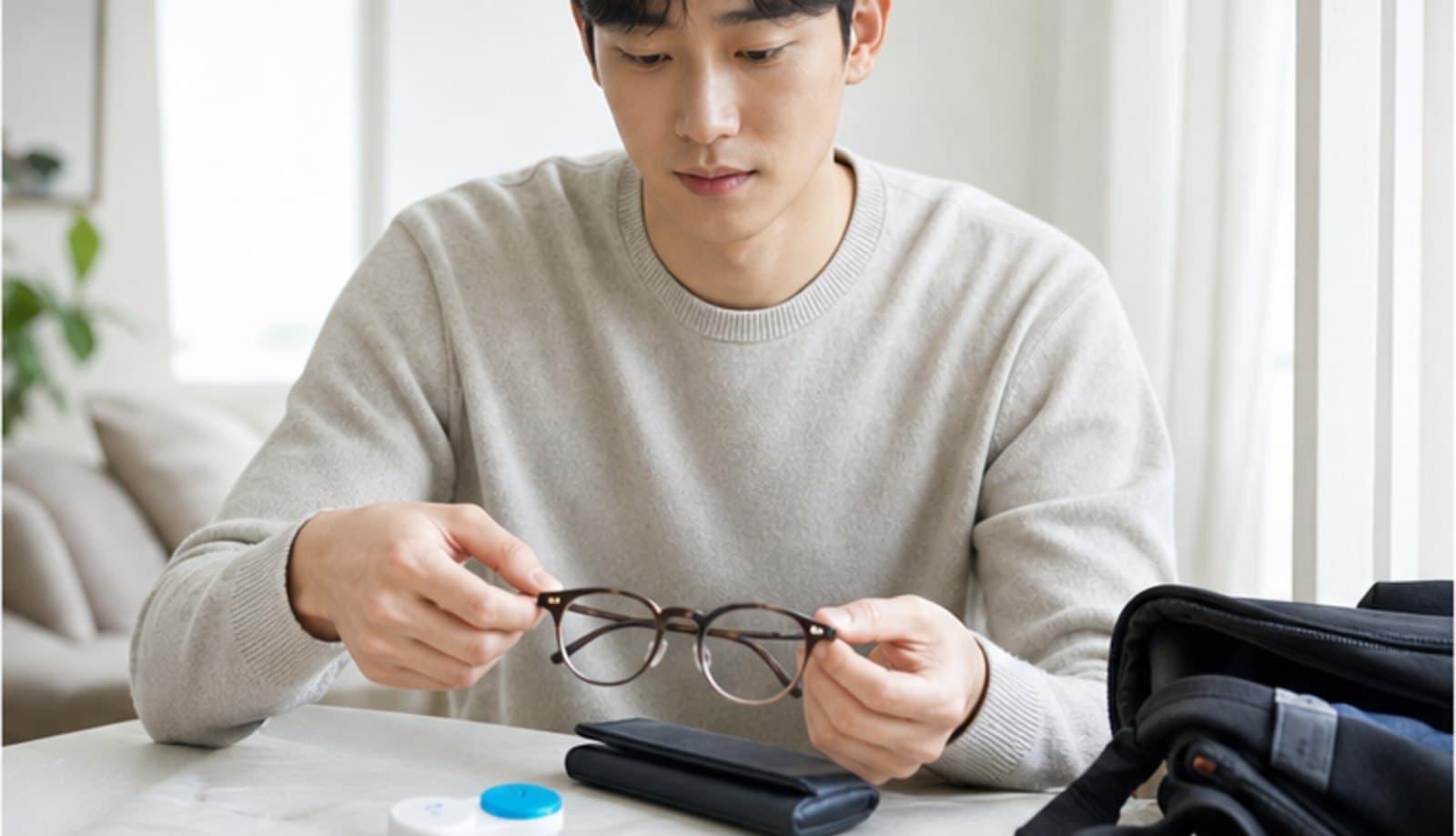 집에서 안경과 렌즈 케이스를 살펴보며 안과 방문을 준비하는 모습