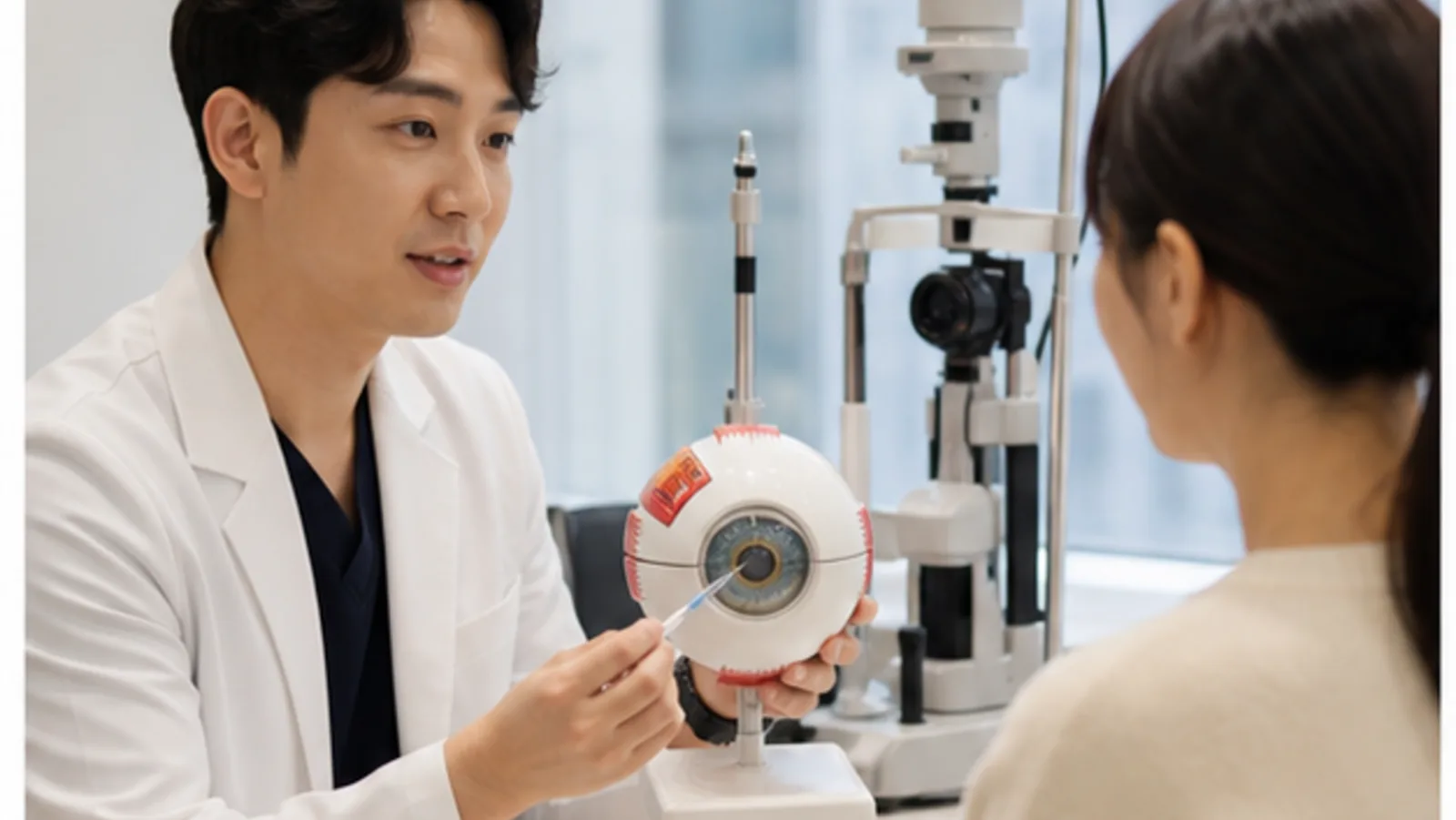 상담실에서 질문 노트를 펴고 의료진과 대화하는 모습 — 스마일라식 상담 준비 안내