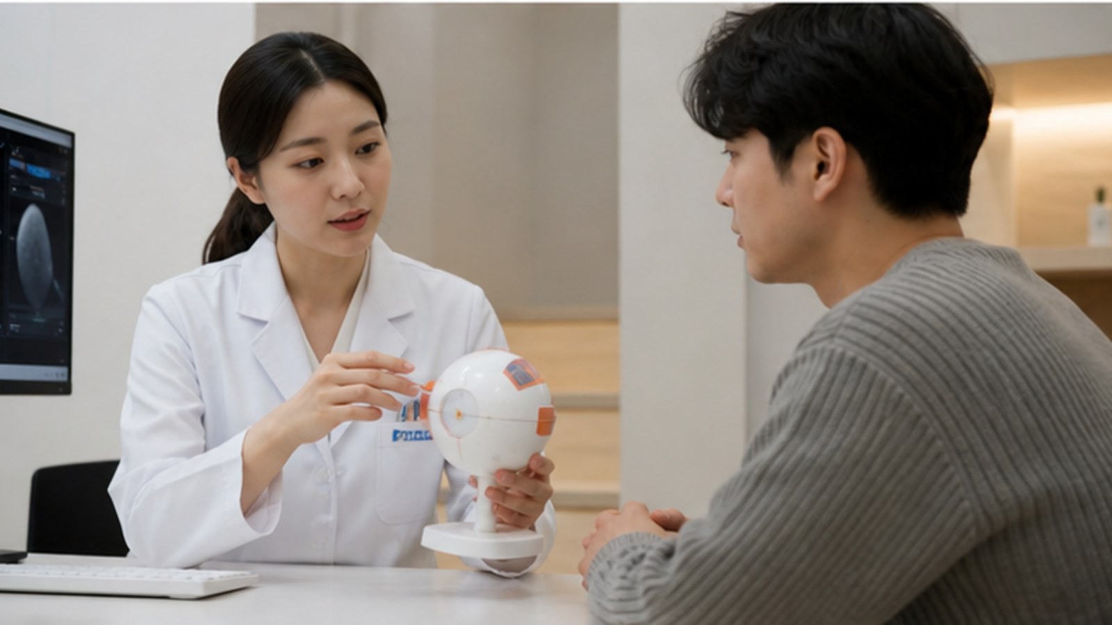 상담실에서 안구 모형으로 눈 구조를 설명받는 내원자
